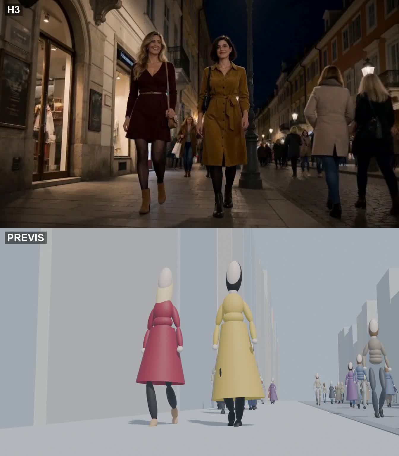 Pessoa caminhando pela cidade à noite: IA em cima, pré-visualização embaixo