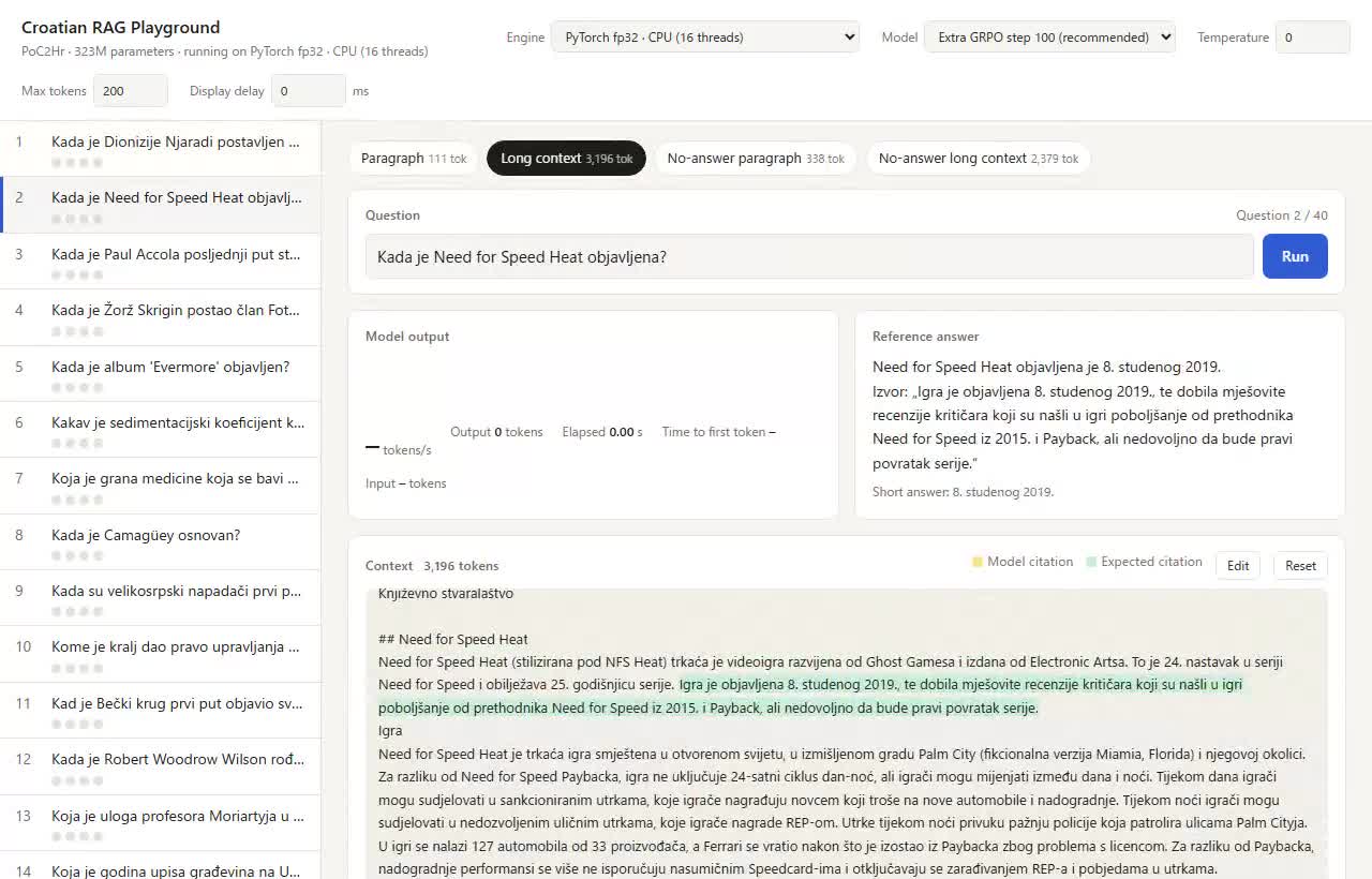 PyTorch fp32 rodando na CPU e respondendo a uma pergunta com contexto longo