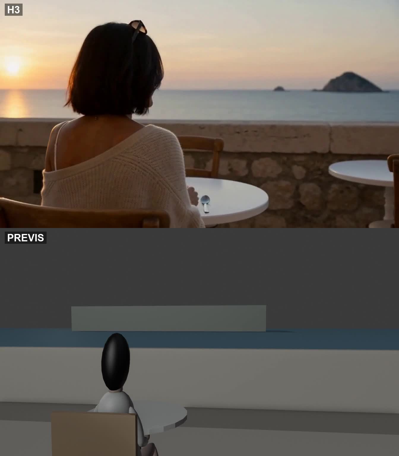 Café à beira-mar: IA em cima, pré-visualização embaixo