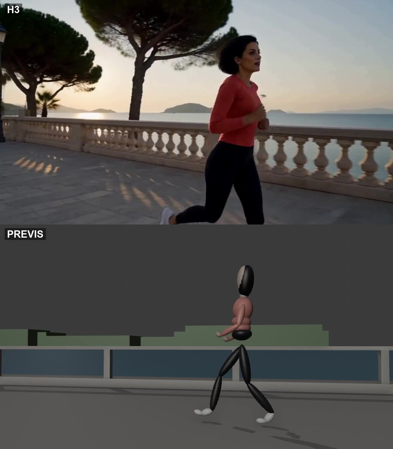 Corrida à beira-mar: IA em cima, pré-visualização embaixo