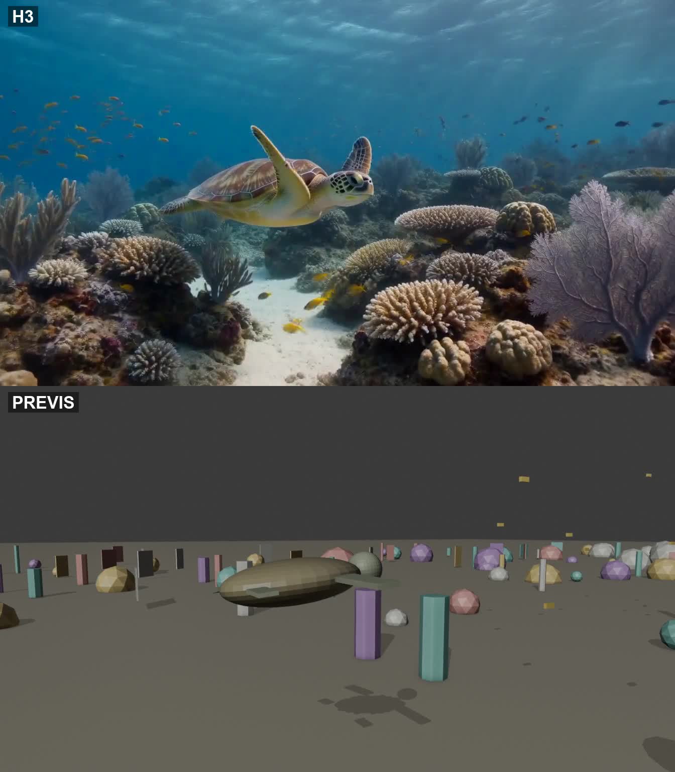 Tartaruga marinha debaixo d’água: IA em cima, pré-visualização embaixo